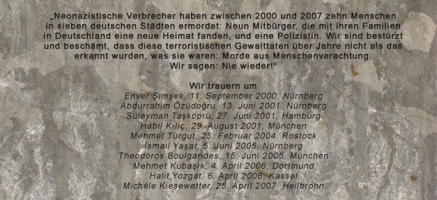 Sieben Städte wollen mit Gedenktafel an die Opfer erinnern Gedenktafel an die Opfer der rechtsextremistischen NSU-Terroristen © MiG