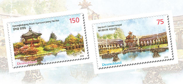 Bundespräsident Gauck stellt deutsch-koreanische Gemeinschaftsbriefmarke vor Zwei Sonderbriefmarken der deutschen Post anlässlich 130 Jahre diplomatische Beziehungen zwischen Deutschland und Korea © Deutsche Post