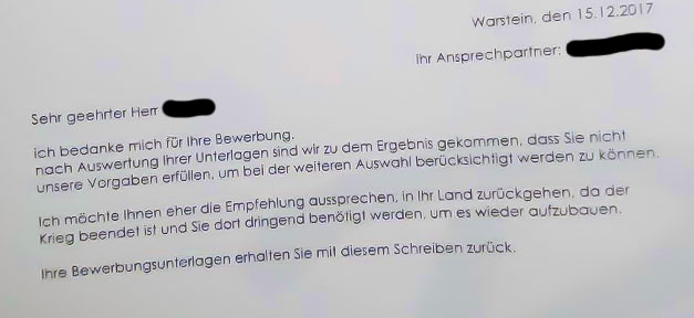 Autohaus feuert Mitarbeiter und gibt syrischem Flüchtling Termin für Azubi-Bewerbungsgespräch Bewerbung, Diskriminierung, Brief, Syrer, Flüchtling